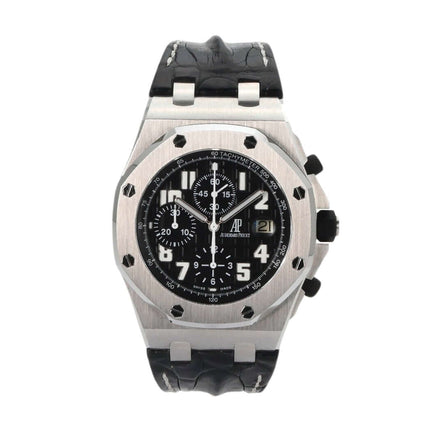 Audemars Piguet Royal Oak Offshore 26020ST Edelstahl mit schwarzem Zifferblatt und Lederband, luxuriöse Schweizer Uhr.