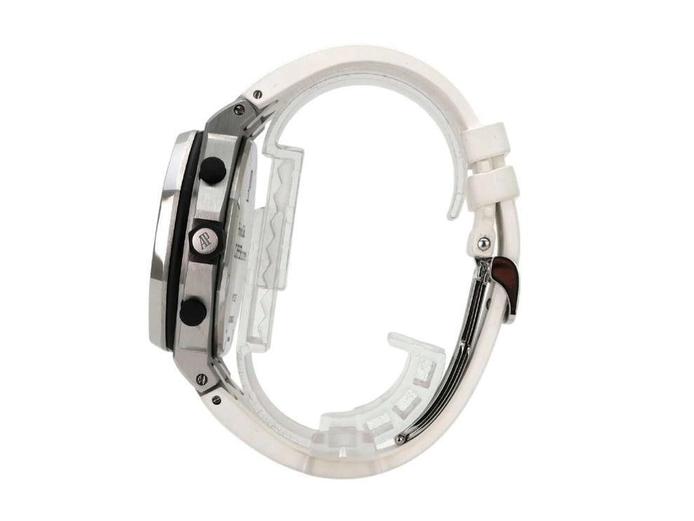 Audemars Piguet Royal Oak Offshore 26020ST.OO.D001IN.02.A, Ansicht der linken Seite mit weißem Kautschukband.