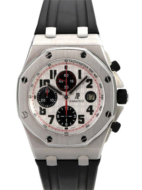 Audemars Piguet Royal Oak Offshore Chronograph Panda, schwarze Gummiband, Edelstahl-Gehäuse, silbernes Zifferblatt, 42 mm.