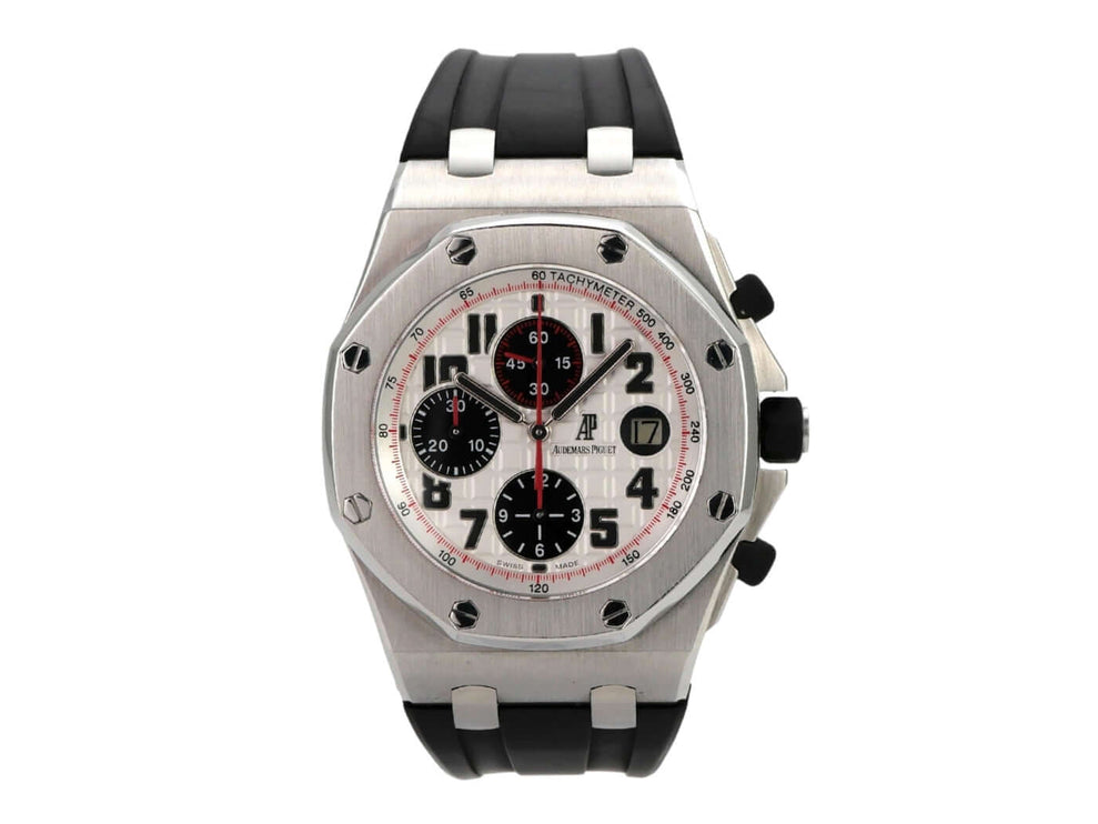 Audemars Piguet Royal Oak Offshore Chronograph Panda 26170ST.OO.D101CR.02, Edelstahl, schwarzes Kautschukband, silbernes Zifferblatt.