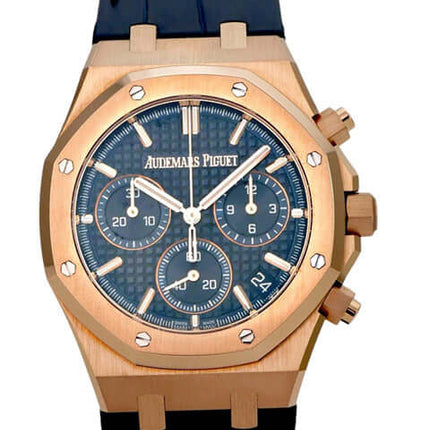 Audemars Piguet Royal Oak Chronograph 26240OR.OO.D315CR.02 in 18kt Roségold mit blauem Lederband und Zifferblatt.