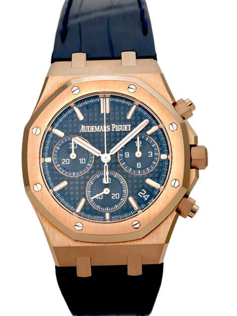 Audemars Piguet Royal Oak Chronograph 26240OR.OO.D315CR.02 in 18kt Roségold mit blauem Lederband und Zifferblatt.