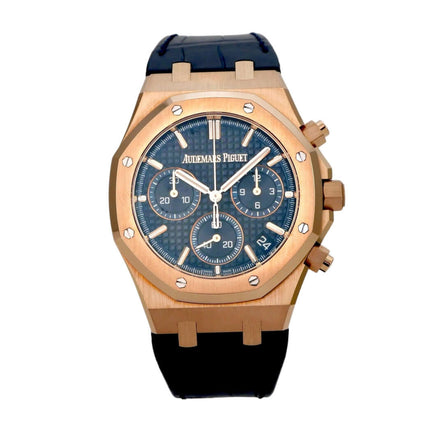 Audemars Piguet Royal Oak Chronograph 26240OR.OO.D315CR.02, 18 kt Roségold, blaues Zifferblatt und Lederband.