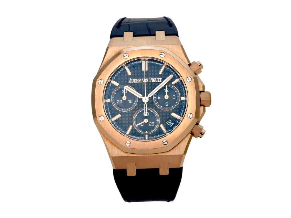 Audemars Piguet Royal Oak Chronograph 26240OR.OO.D315CR.02, 18 kt Roségold, blaues Zifferblatt und Lederband.