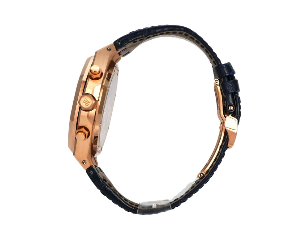 Audemars Piguet Royal Oak Chronograph 26240OR.OO.D315CR.02 Seite mit Roségold-Gehäuse und blauem Lederband