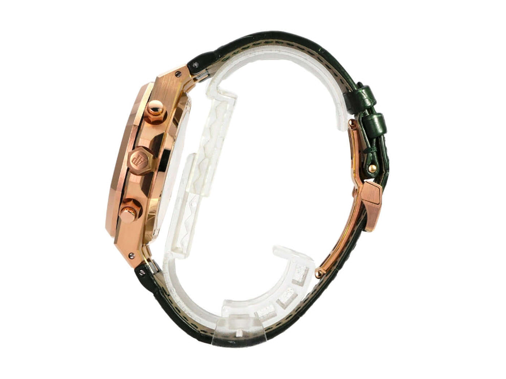 Audemars Piguet Royal Oak Chronograph 26240OR.OO.D404CR.02 mit Roségold-Gehäuse und grünem Lederband.
