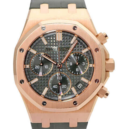 Audemars Piguet Royal Oak Chronograph 26240OR.OO.D404CR.02 in Roségold mit grünem Lederband und Zifferblatt.