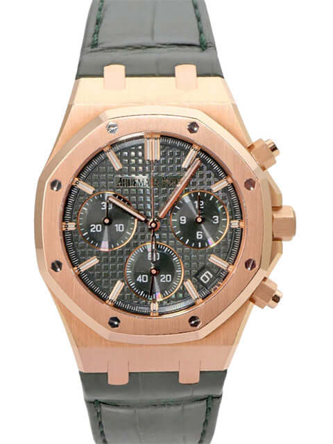 Audemars Piguet Royal Oak Chronograph 26240OR.OO.D404CR.02 in Roségold mit grünem Lederband und Zifferblatt.
