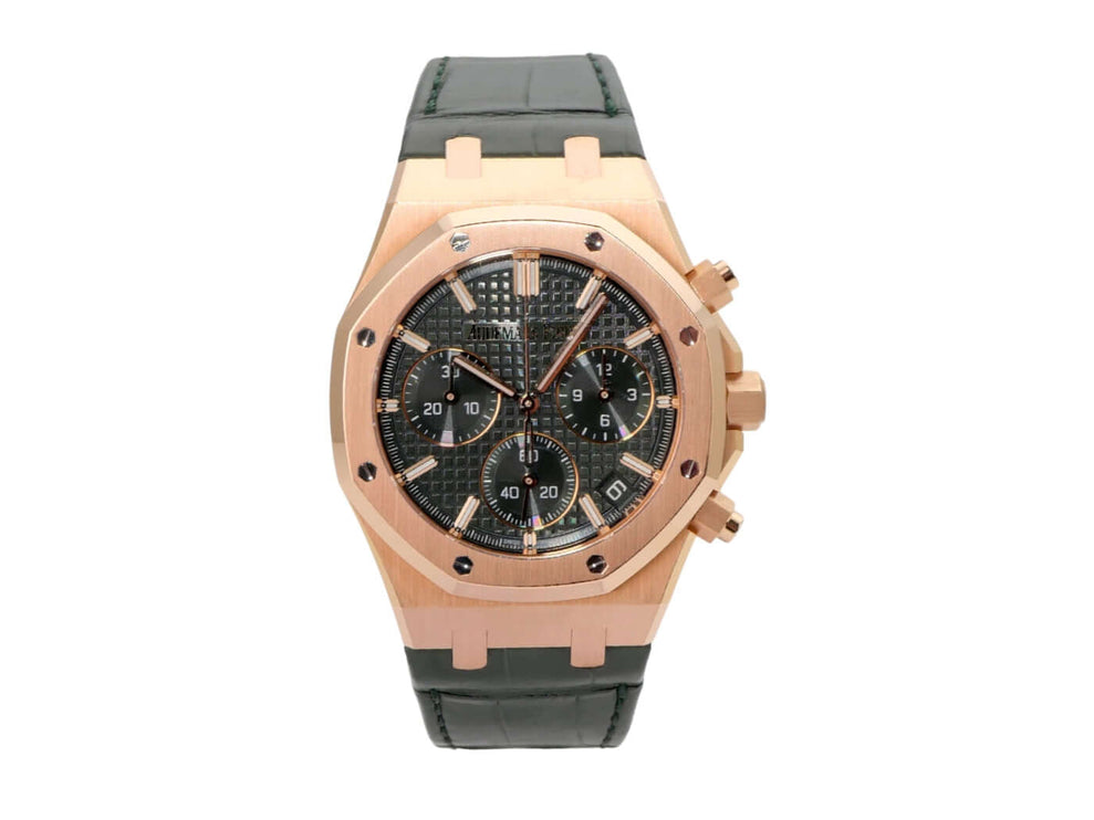 Audemars Piguet Royal Oak Chronograph 26240OR.OO.D404CR.02 mit grünem Lederband und Roségold-Gehäuse.