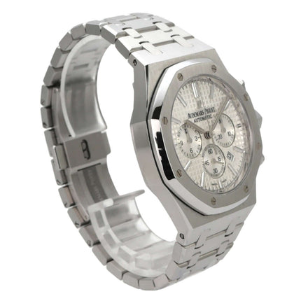 Audemars Piguet Royal Oak Chronograph 26320ST.OO.1220ST.02 elegante Edelstahl-Uhr mit silberfarbenem Zifferblatt.
