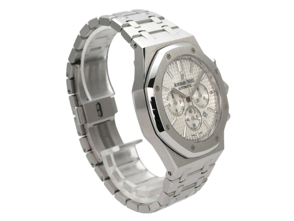 Audemars Piguet Royal Oak Chronograph 26320ST.OO.1220ST.02 elegante Edelstahl-Uhr mit silberfarbenem Zifferblatt.