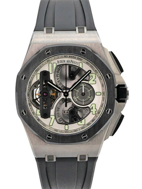 Audemars Piguet Royal Oak Offshore 26387IO.OO.D002CA.01 mit skelettiertem Zifferblatt und schwarzem Kautschukband.
