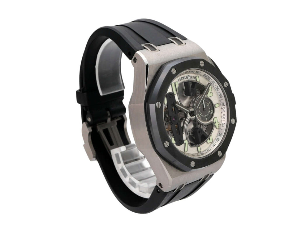 Audemars Piguet Royal Oak Offshore 26387IO.OO.D002CA.01 Titan-Gehäuse, schwarzes Kautschukband, skelettiertes Zifferblatt.