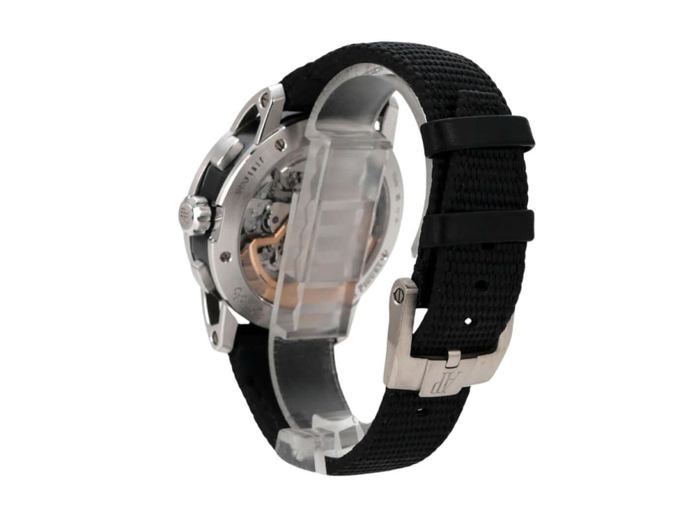 Audemars Piguet Code 11.59 Chronograph 26393NB.OO.A002KB.01 mit schwarzem Armband und transparentem Gehäuse-Rückansicht.