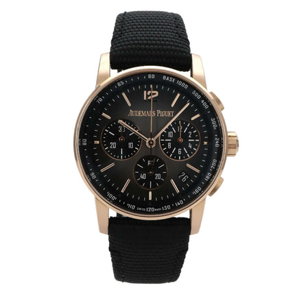 Audemars Piguet Code 11.59 Chronograph 26393NR.OO.A002KB.01 aus Roségold mit schwarzem Zifferblatt und Kautschukband