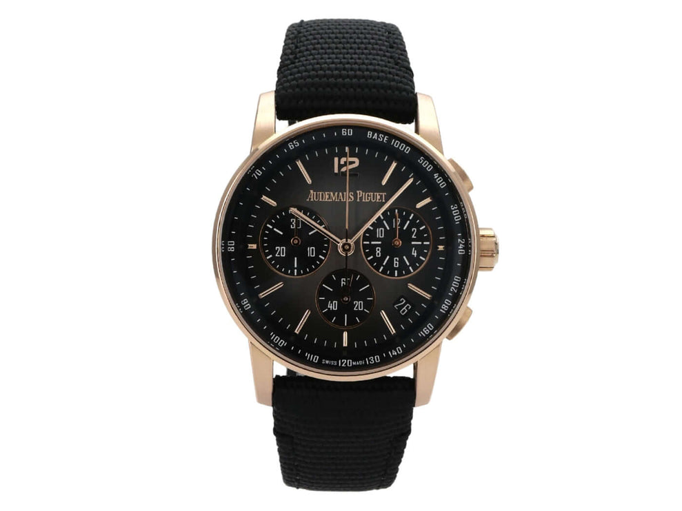 Audemars Piguet Code 11.59 Chronograph 26393NR.OO.A002KB.01 aus Roségold mit schwarzem Zifferblatt und Kautschukband
