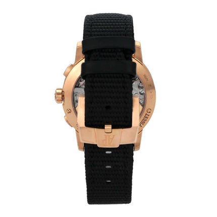 Rückansicht der Audemars Piguet Code 11.59 Chronograph 26393OR.OO.A616CR.01 mit schwarzem Band und 18k Roségoldgehäuse.