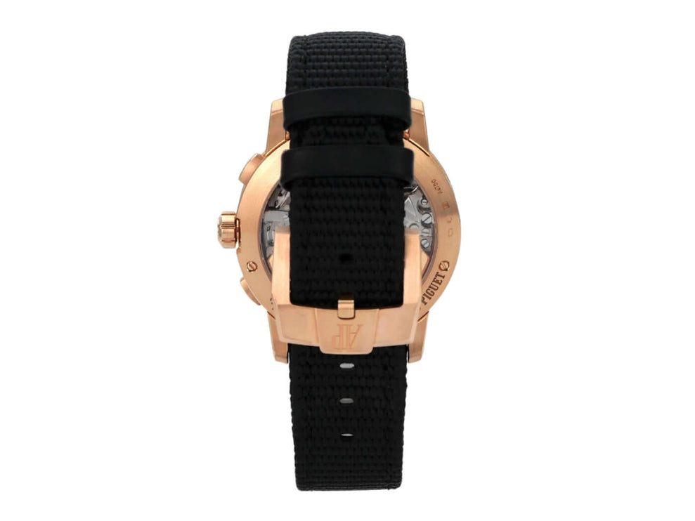 Rückansicht der Audemars Piguet Code 11.59 Chronograph 26393OR.OO.A616CR.01 mit schwarzem Band und 18k Roségoldgehäuse.