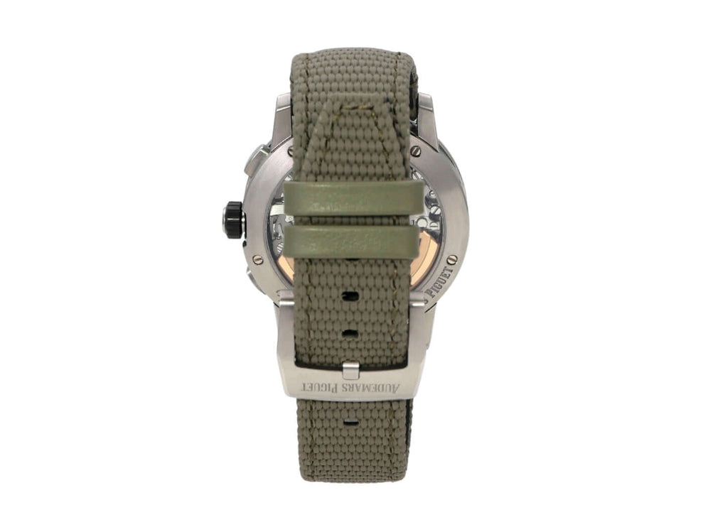 Audemars Piguet Code 11.59 Chronograph 26393QT.OO.A064KB.01 Rückseite mit olivgrünem Armband und Edelstahlgehäuse.