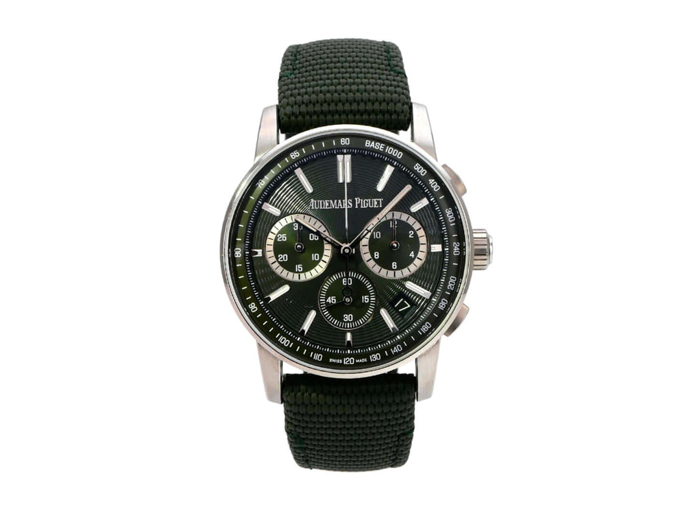 Audemars Piguet Code 11.59 Chronograph 26393ST.OO.A056KB.01 mit grünem Zifferblatt und gummiertem Armband.
