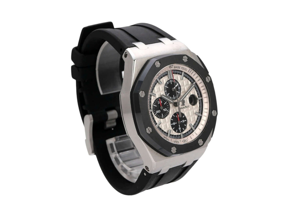 Audemars Piguet Royal Oak Offshore Chronograph 26400SO, Edelstahlgehäuse, schwarzes Kautschukband, silberfarbenes Zifferblatt.