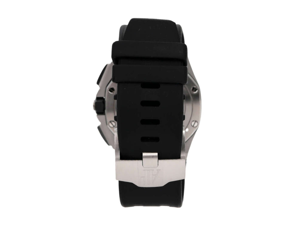 Audemars Piguet Royal Oak Offshore Chronograph 26400SO.OO.A002CA.01, Rückansicht mit schwarzem Kautschukband und Edelstahl-Dornschließe.