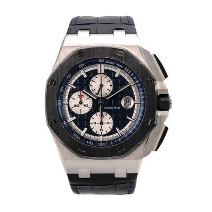 Audemars Piguet Royal Oak Offshore Platin 26401PO.OO.A018CR.01 mit blauem Zifferblatt und Lederband.