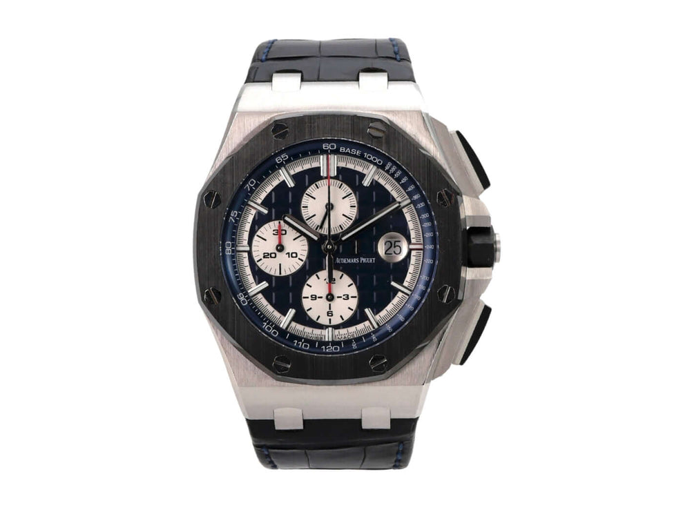 Audemars Piguet Royal Oak Offshore Platin 26401PO.OO.A018CR.01 mit blauem Zifferblatt und Lederband.