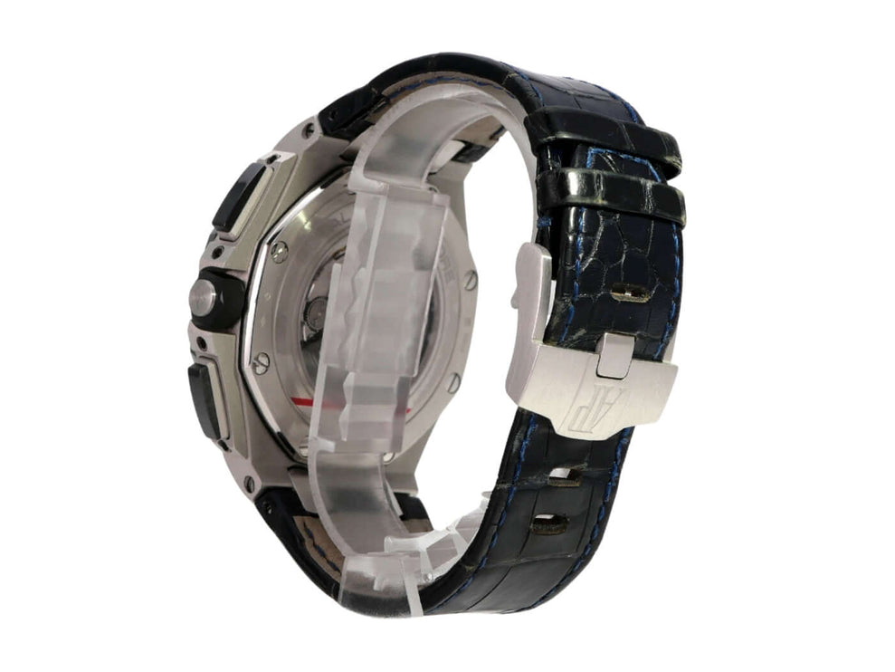 Audemars Piguet Royal Oak Offshore Platin 26401PO.OO.A018CR.01 Uhr mit blauem Lederband und Kautschukband.