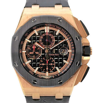 Audemars Piguet Royal Oak Offshore 26401RO.OO.A002CA.02, 18 kt Roségold, schwarzes Zifferblatt, graues Lederband