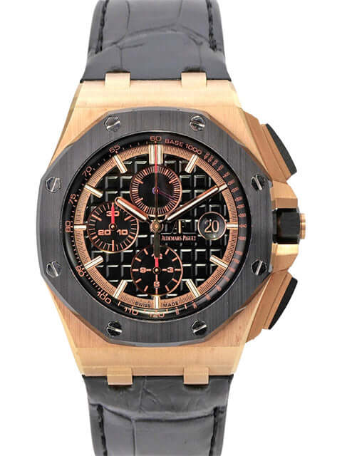 Audemars Piguet Royal Oak Offshore 26401RO.OO.A002CA.02, 18 kt Roségold, schwarzes Zifferblatt, graues Lederband
