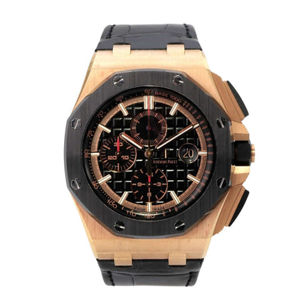 Audemars Piguet Royal Oak Offshore 26401RO.OO.A002CA.02 aus 18 kt Roségold mit schwarzem Zifferblatt und Lederband
