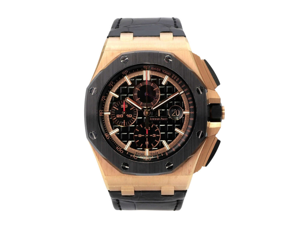 Audemars Piguet Royal Oak Offshore 26401RO.OO.A002CA.02 aus 18 kt Roségold mit schwarzem Zifferblatt und Lederband