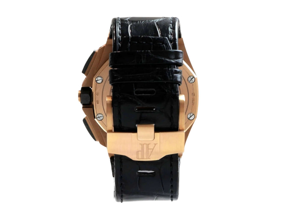 Audemars Piguet Royal Oak Offshore 26401RO.OO.A002CA.02 Rückansicht mit schwarzem Lederband und Roségoldgehäuse