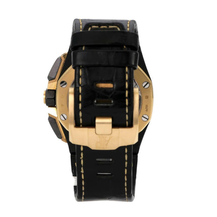 Audemars Piguet Royal Oak Offshore Chronograph 26420CE.OO.A127CR.01 Rückansicht mit schwarzem Lederband und Gelbgold Dornschließe.