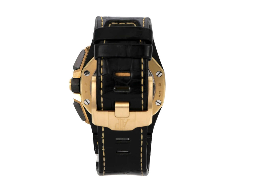 Audemars Piguet Royal Oak Offshore Chronograph 26420CE.OO.A127CR.01 Rückansicht mit schwarzem Lederband und Gelbgold Dornschließe.