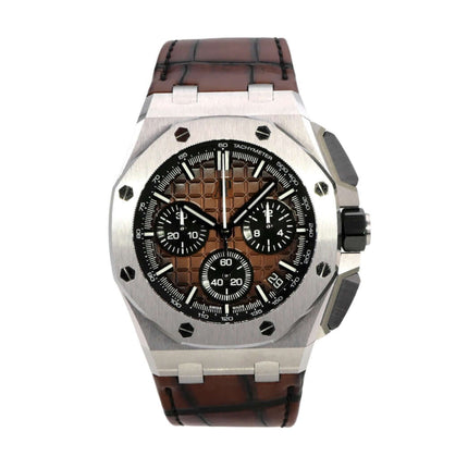 Audemars Piguet Royal Oak Offshore Chronograph 26420ST.OO.A828CR.01 mit braunem Lederband und bronzefarbenem Zifferblatt.