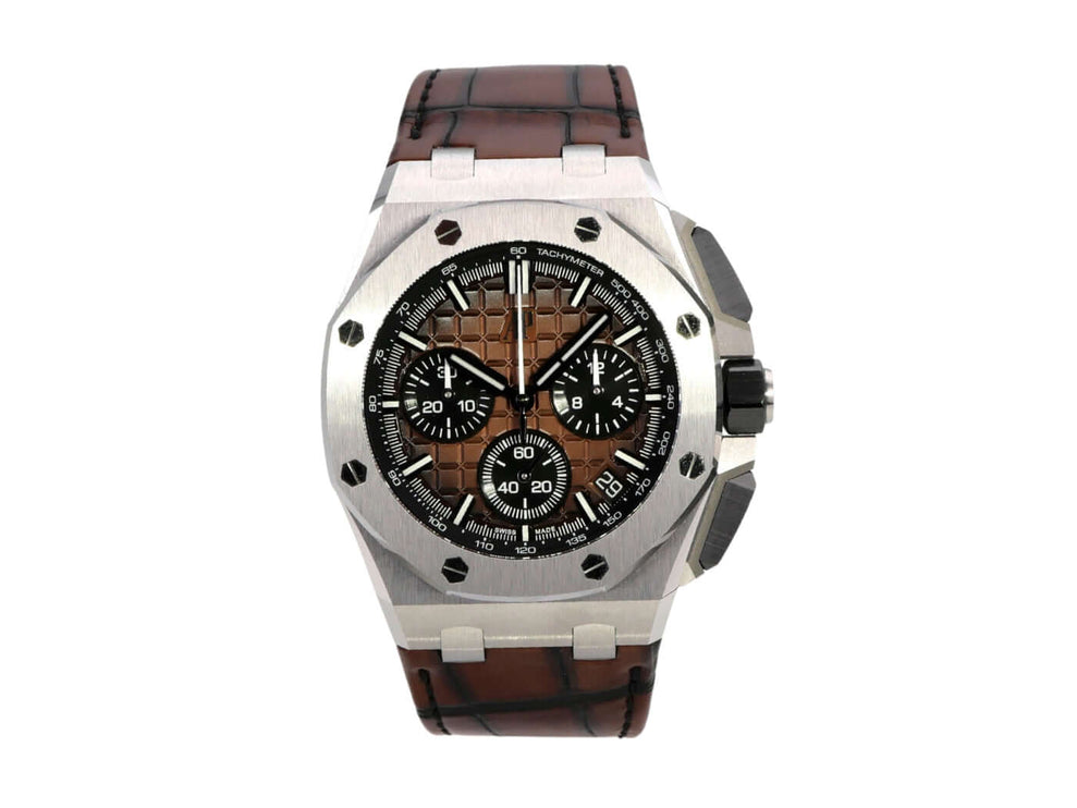Audemars Piguet Royal Oak Offshore Chronograph 26420ST.OO.A828CR.01 mit braunem Lederband und bronzefarbenem Zifferblatt.