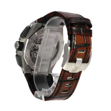 Audemars Piguet Royal Oak Offshore Chronograph 26420ST.OO.A828CR.01 Rückansicht mit braunem Lederband und Edelstahl Dornschließe