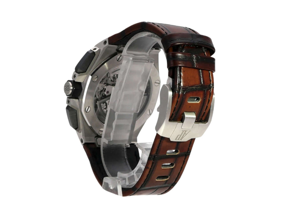 Audemars Piguet Royal Oak Offshore Chronograph 26420ST.OO.A828CR.01 Rückansicht mit braunem Lederband und Edelstahl Dornschließe