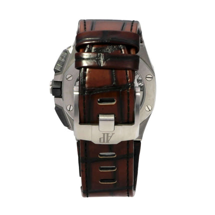 Audemars Piguet Royal Oak Offshore Chronograph 26420ST.OO.A828CR.01, Rückansicht mit braunem Lederband und Edelstahlverschluss.