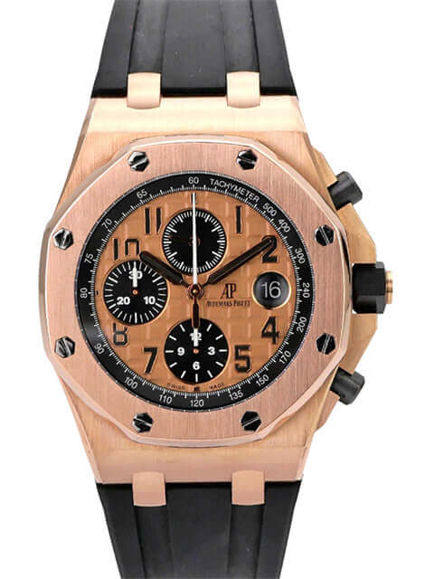 Audemars Piguet Royal Oak Offshore Rotgold 26470OR.OO.A002CR.01 mit schwarzem Kautschukband und rosegoldfarbenem Zifferblatt.