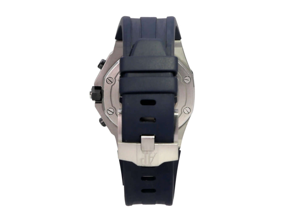 Audemars Piguet Royal Oak Offshore 26470ST.OO.A028CR.01 Rückansicht mit blauem Kautschukband und Edelstahlgehäuse