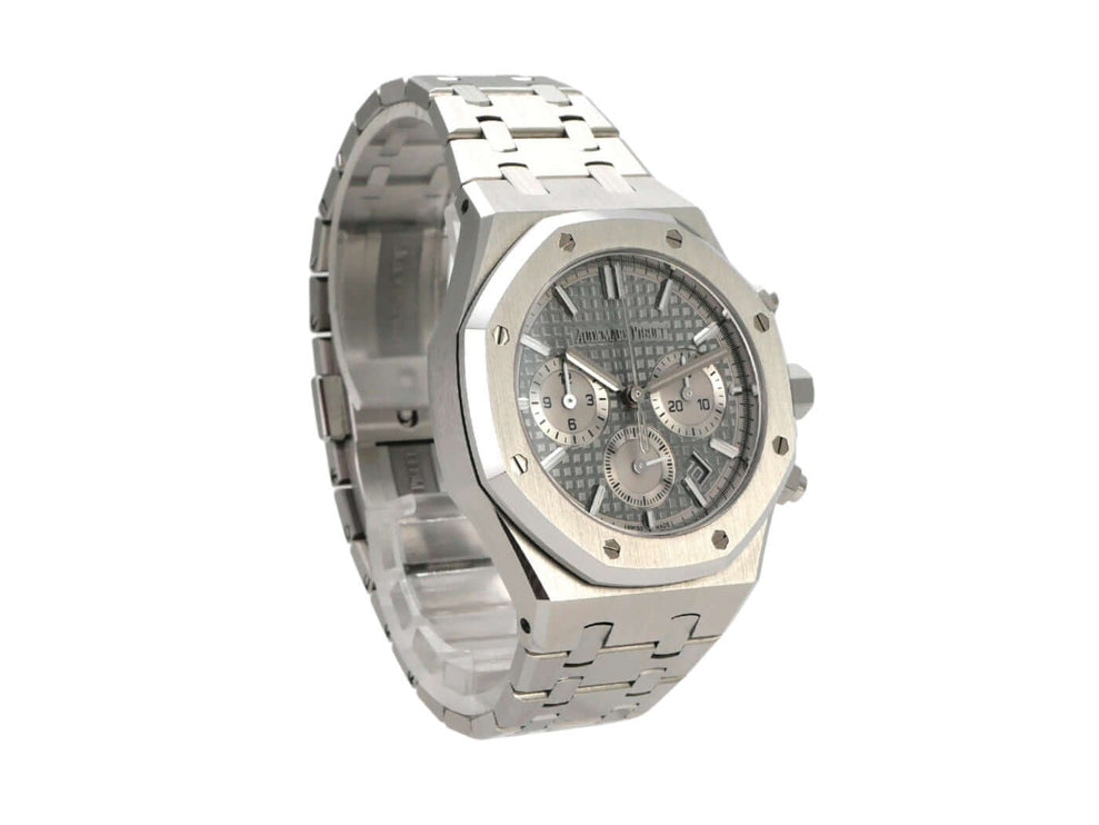 Audemars Piguet Royal Oak Chronograph 26715ST.OO.1356ST.02 in Edelstahl mit grauem Zifferblatt und Doppelfaltschließe.