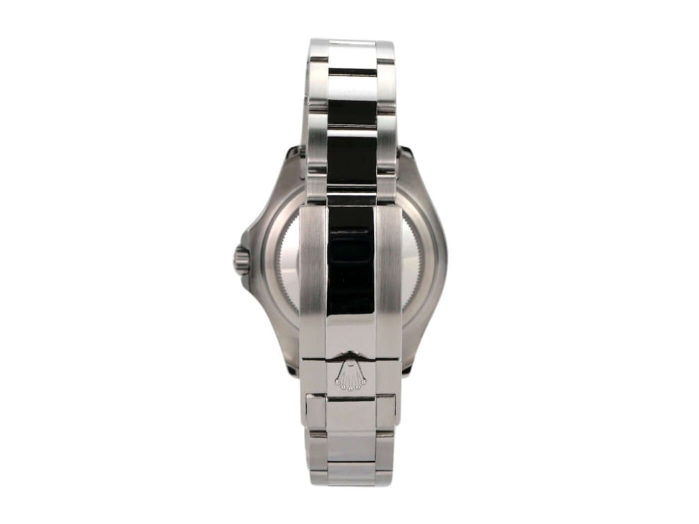 Seitenansicht der Rolex Yacht-Master 37 Edelstahl Platin 268622 mit Oyster Armband und Sicherheitsfaltschließe.