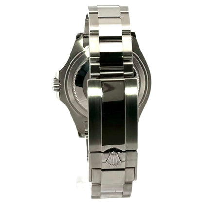 Rückansicht der Rolex Yacht-Master 37 Edelstahl Platin 268622, Gehäuse und Oyster-Armband aus poliertem und satiniertem Edelstahl, Sicherheitsfaltschließe.