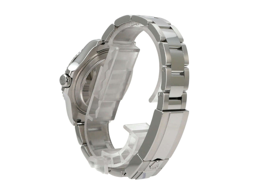 Rolex Yacht-Master 37 Edelstahl Platin 268622 Rhodium seitlicher Blick auf das polierte Oyster Armband.