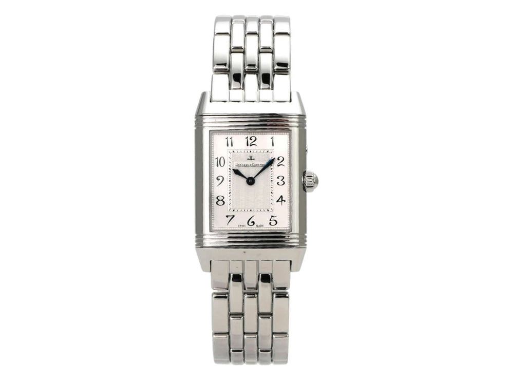 Jaeger-LeCoultre Reverso Duetto Duo 2698420 mit poliertem Edelstahlband und silberfarbenem Zifferblatt.