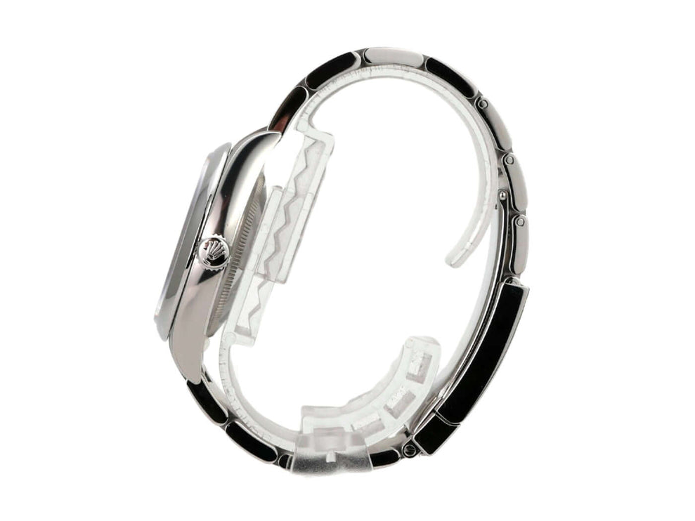 Rolex Oyster Perpetual 31 Ref. 277200 Grün, seitlicher Blick auf das Edelstahlgehäuse und das Oyster Edelstahlband.