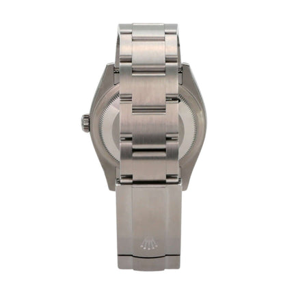 Rückansicht der Rolex Oyster Perpetual 31 Ref. 277200 Grün mit poliertem und satiniertem Edelstahlband.